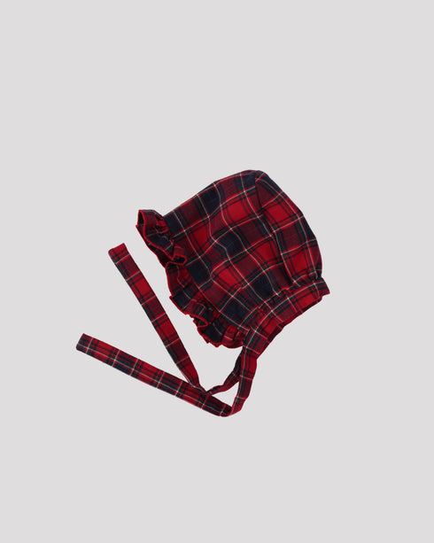 Boneta din tartan rosu cu volanase