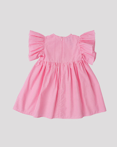 Rochie din bumbac cu maneci crete si carouri roz