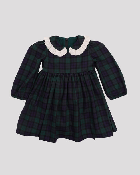 Rochie din tartan verde cu guler brodat si funda la spate Charlotte