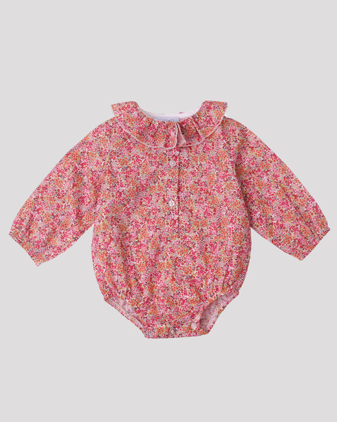 Body din bumbac cu flori roz si guler cret