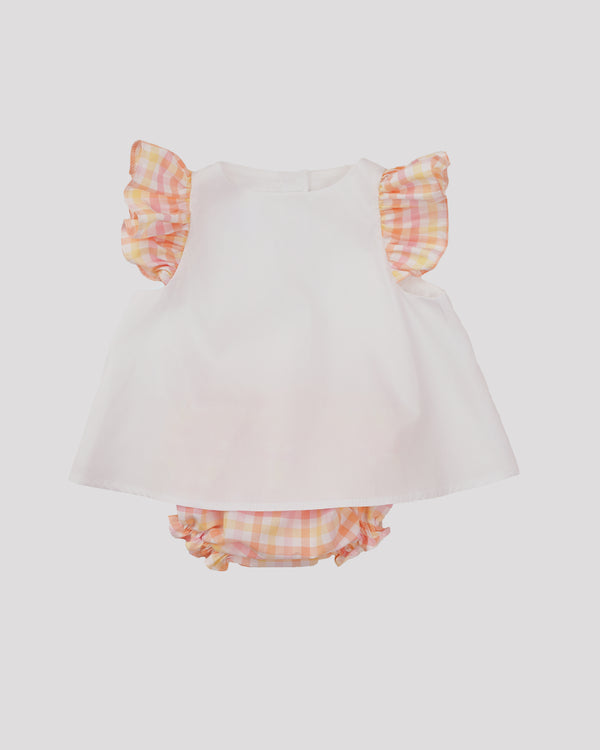 Compleu alb cu volanase in carouri