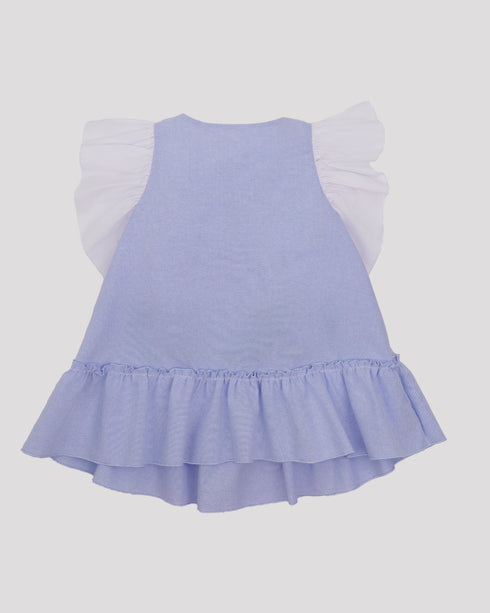 Rochie albastra cu funda roz voluminoasa si volane