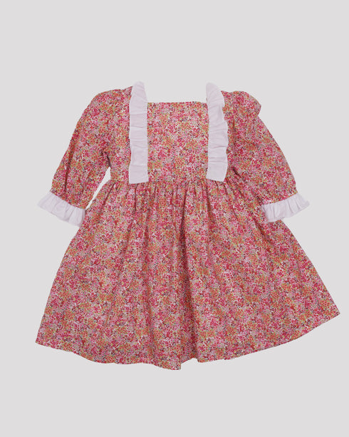 Rochie flori roz si volane albe