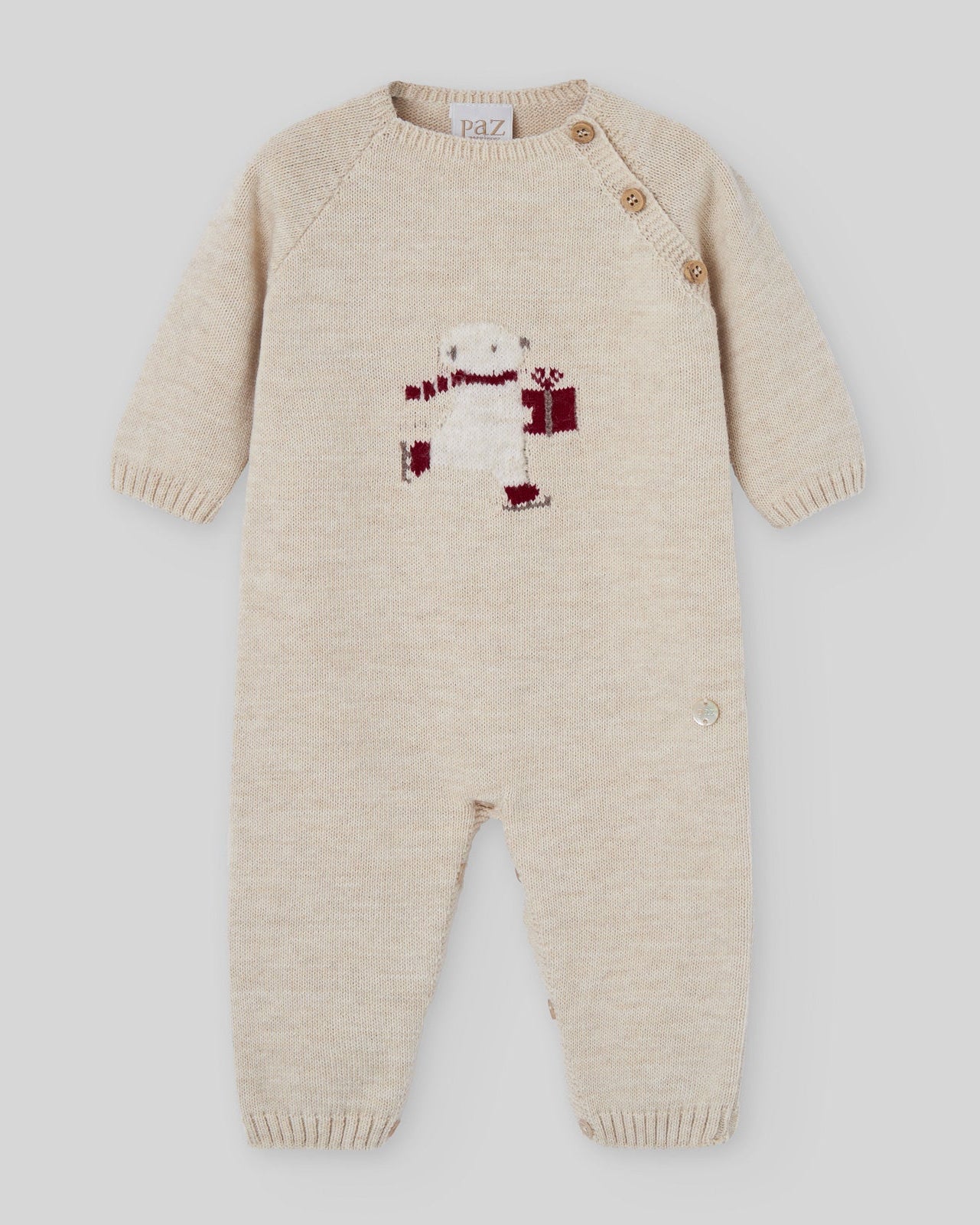 Salopeta bebe 100% lana fina cu ursulet Jaquard