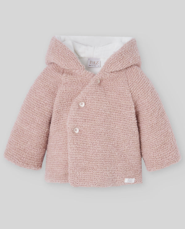 Jacheta bebe din lana tricotata roz cu gluga