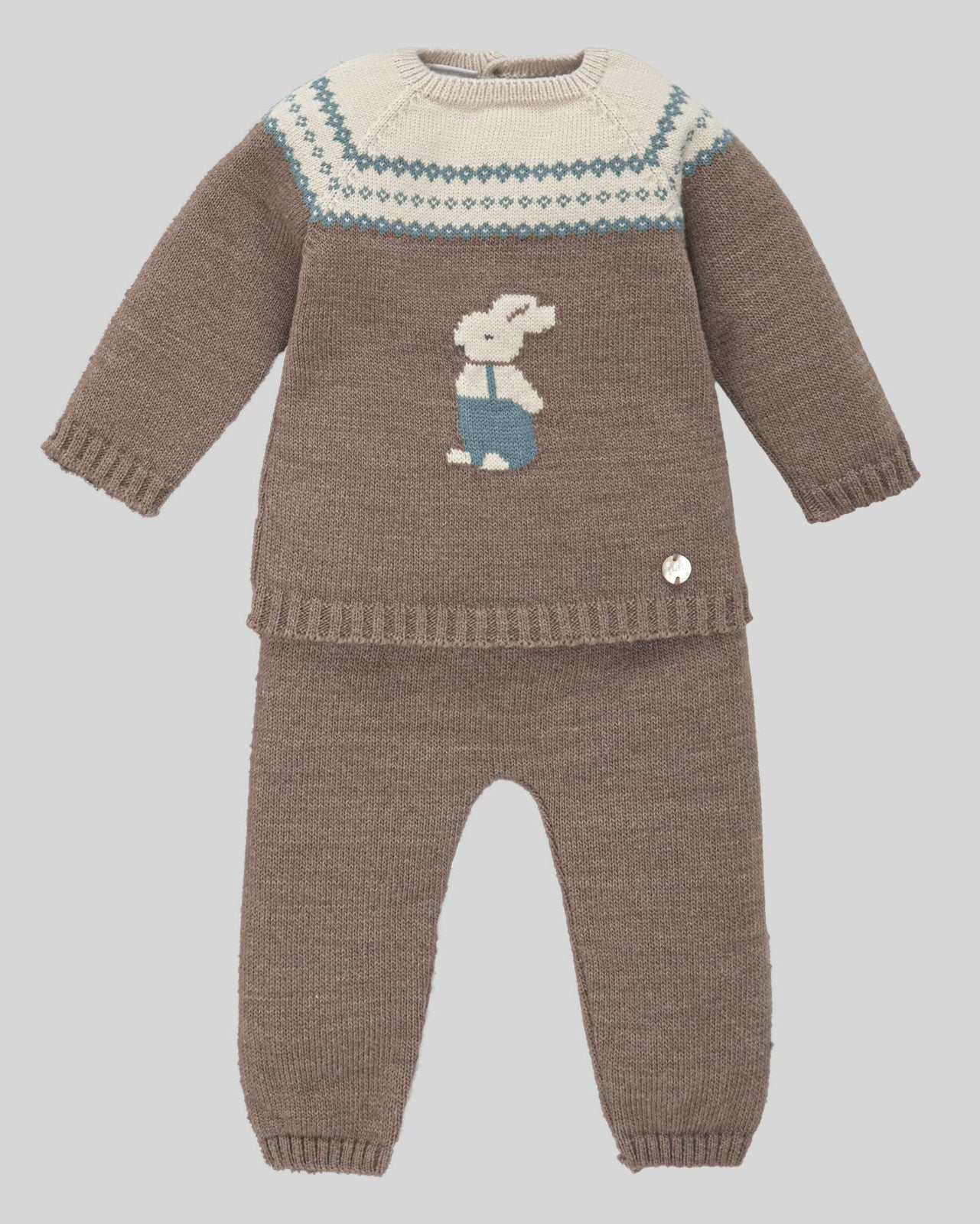 Set tricotat doua piese 100% lana cu iepuras Jacquard