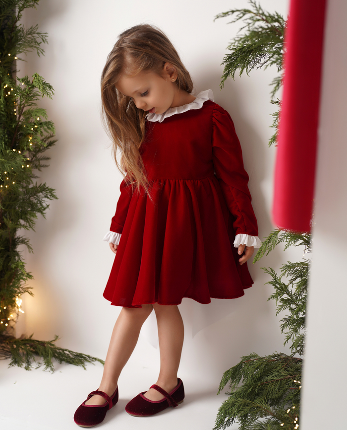 Rochie catifea rosie cu funda alba Carina