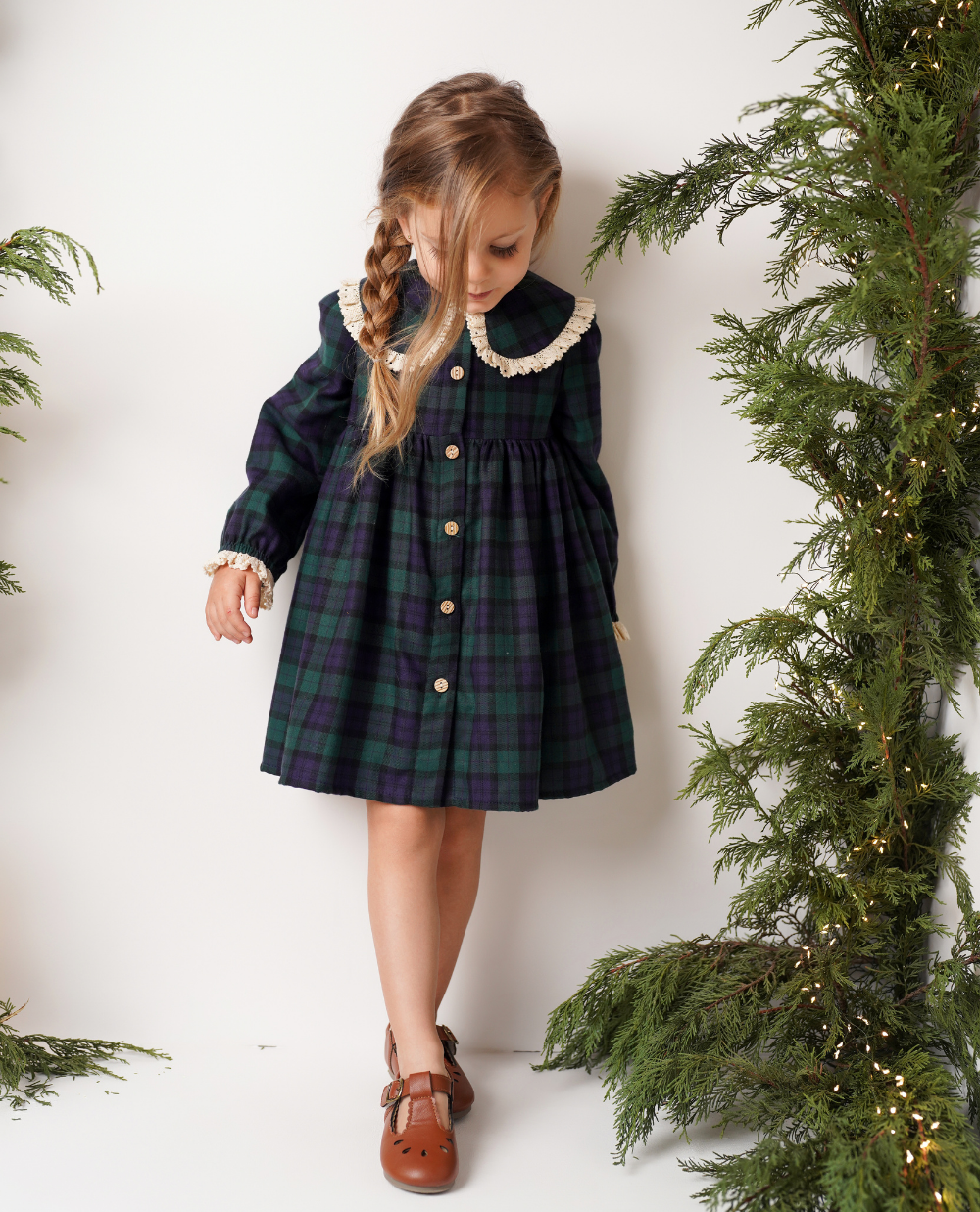 Rochie din tartan verde cu guler brodat Elizabeth