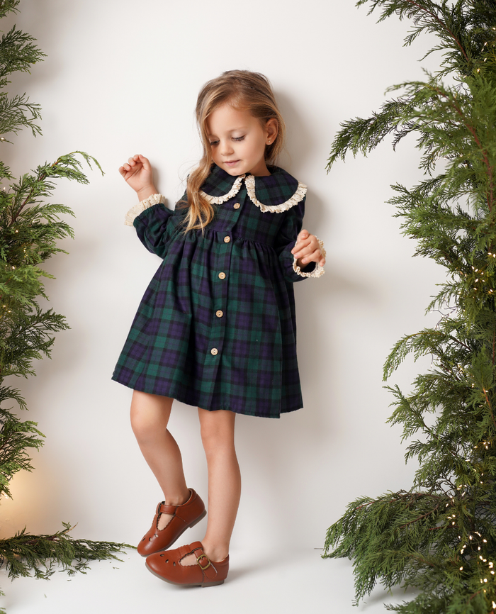 Rochie din tartan verde cu guler brodat Elizabeth