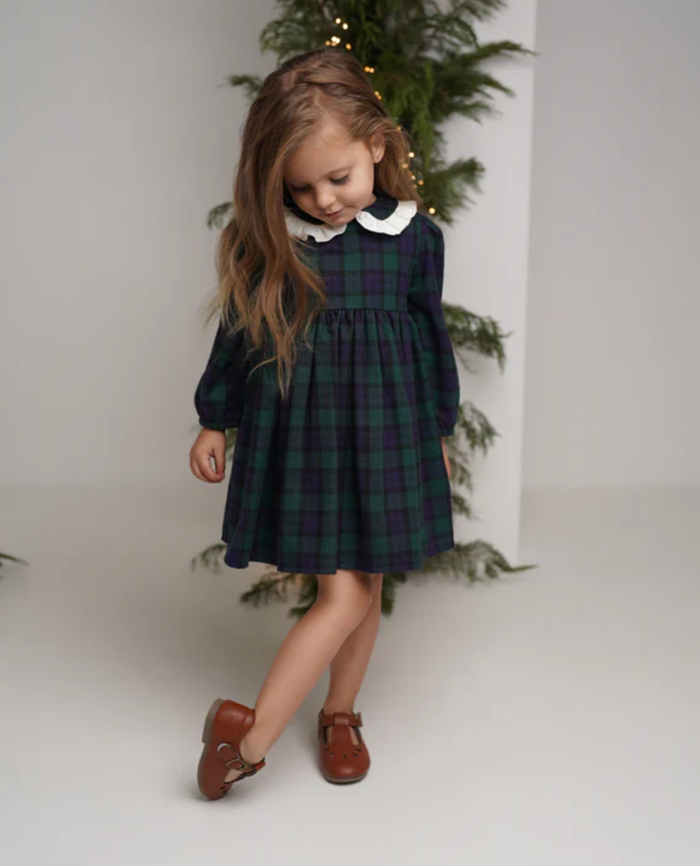 Rochie din tartan verde cu guler brodat si funda la spate Charlotte