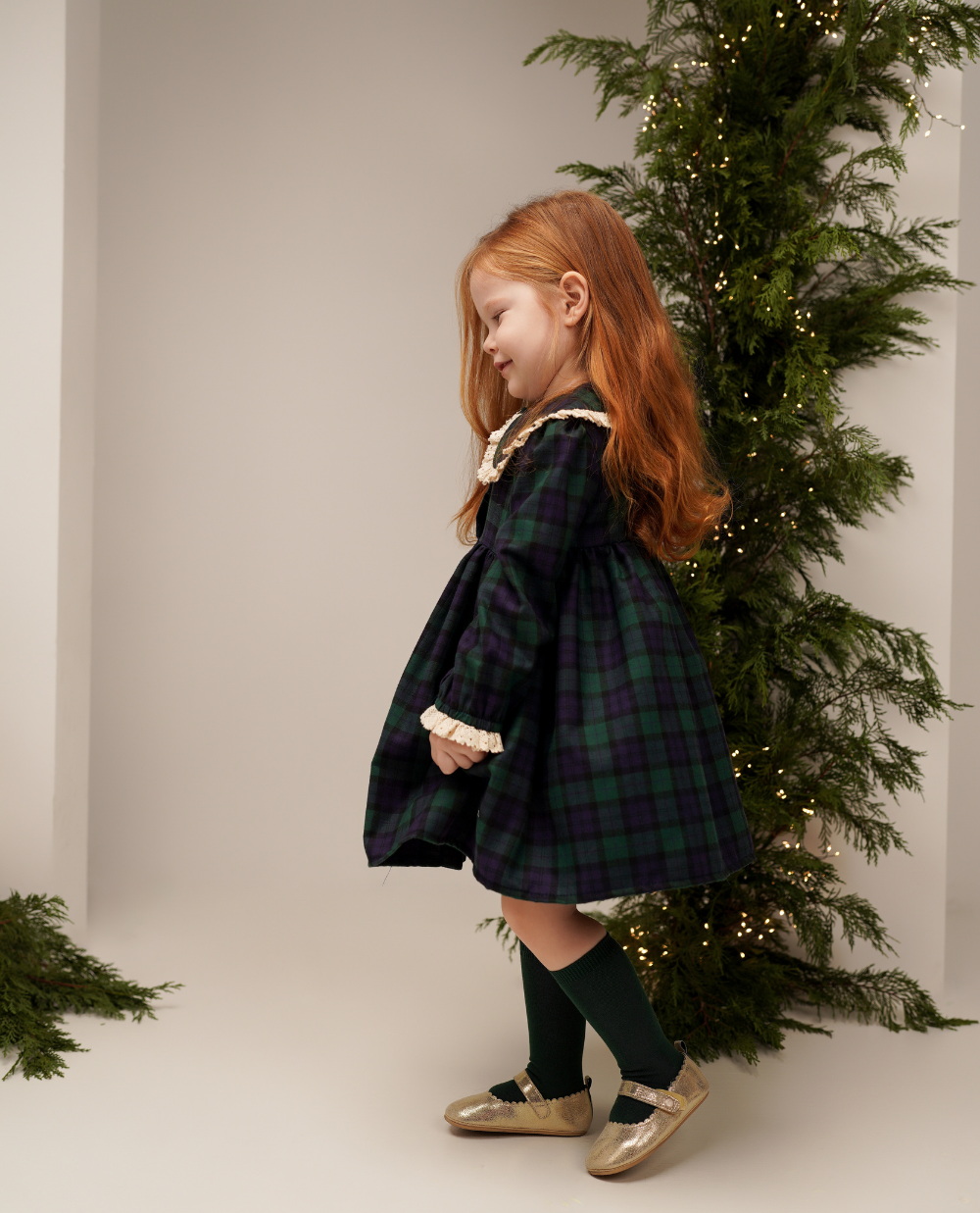 Rochie din tartan verde cu guler brodat Elizabeth