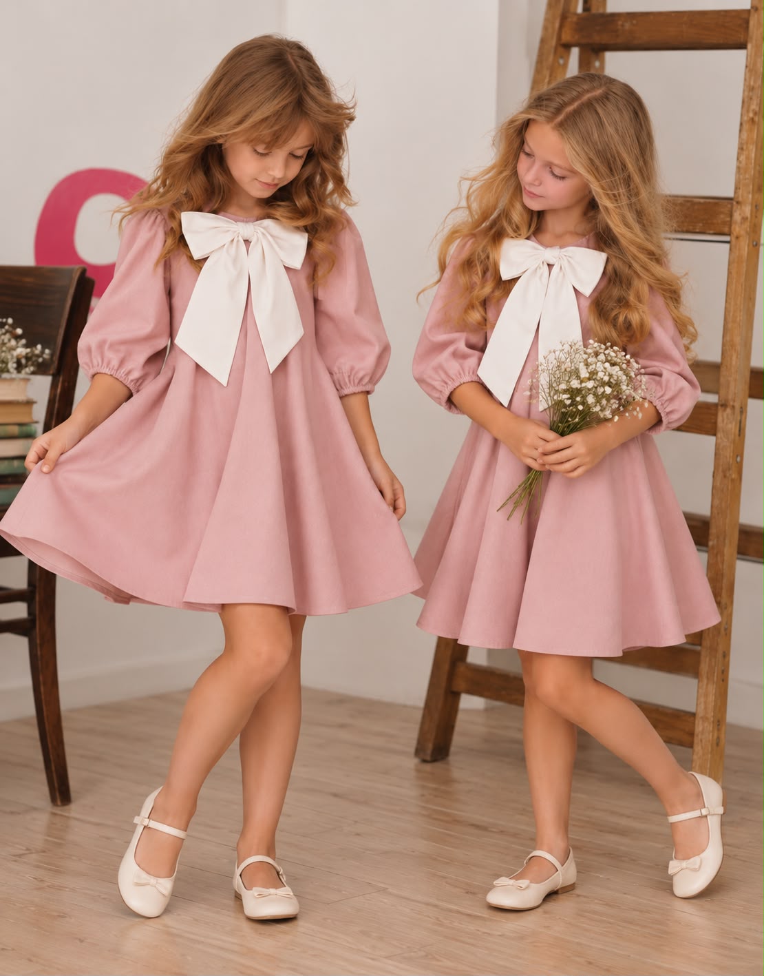 Rochie roz pudrat cu funda alba