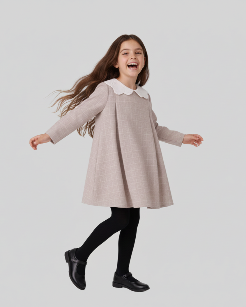 Rochie bej cu guler floare brodat