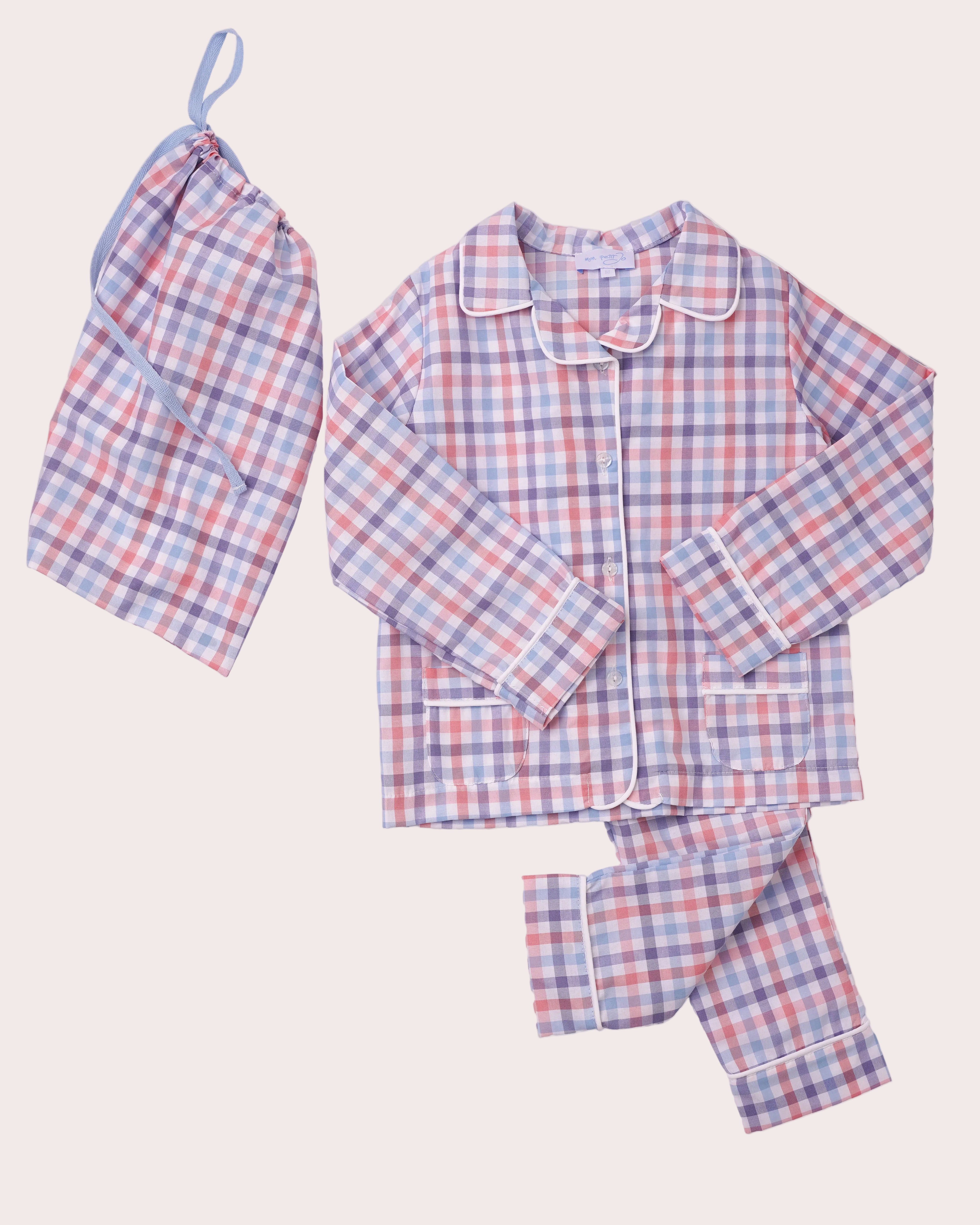 Pijama din bumbac cu carouri albastre