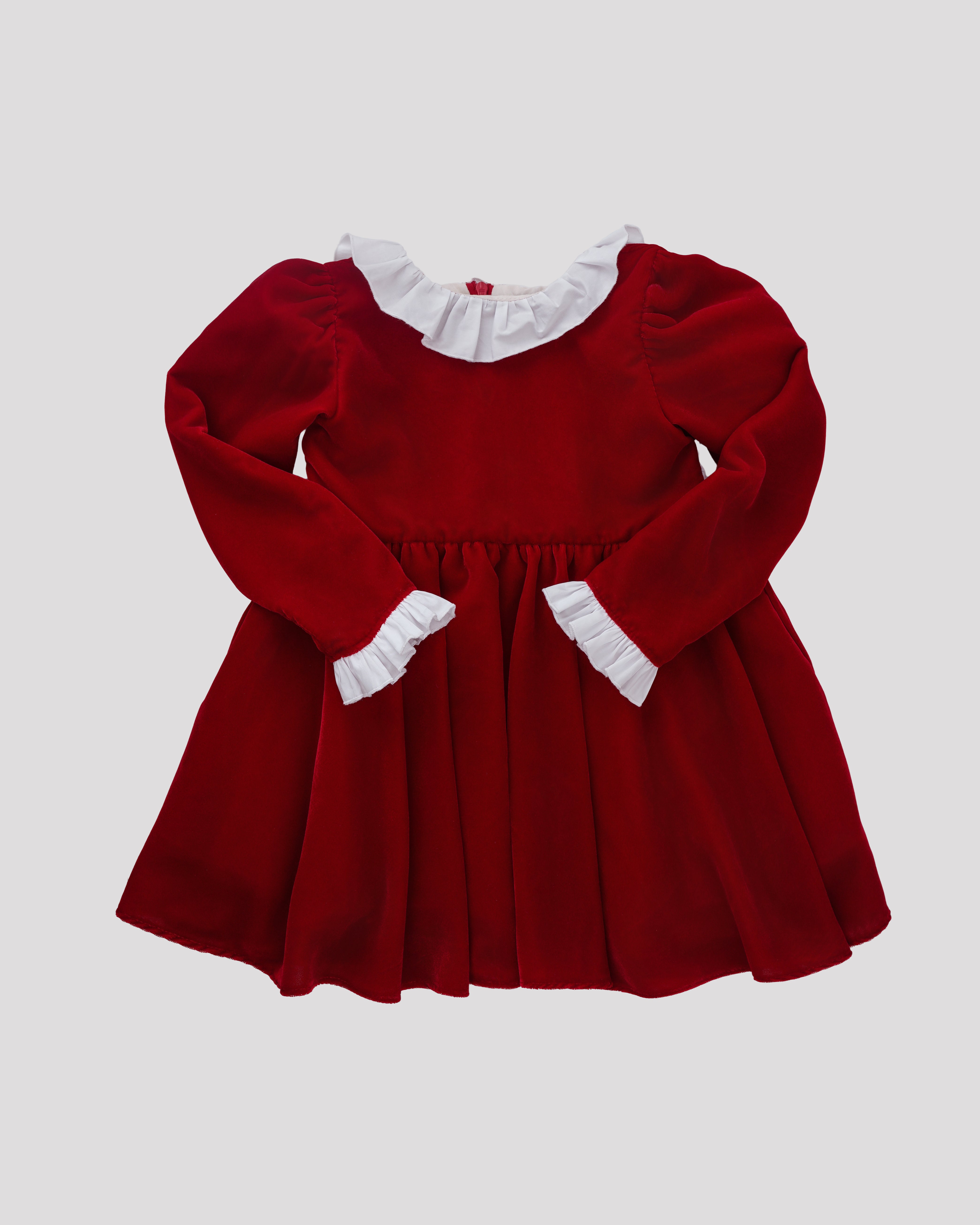 Rochie catifea rosie cu funda alba Carina