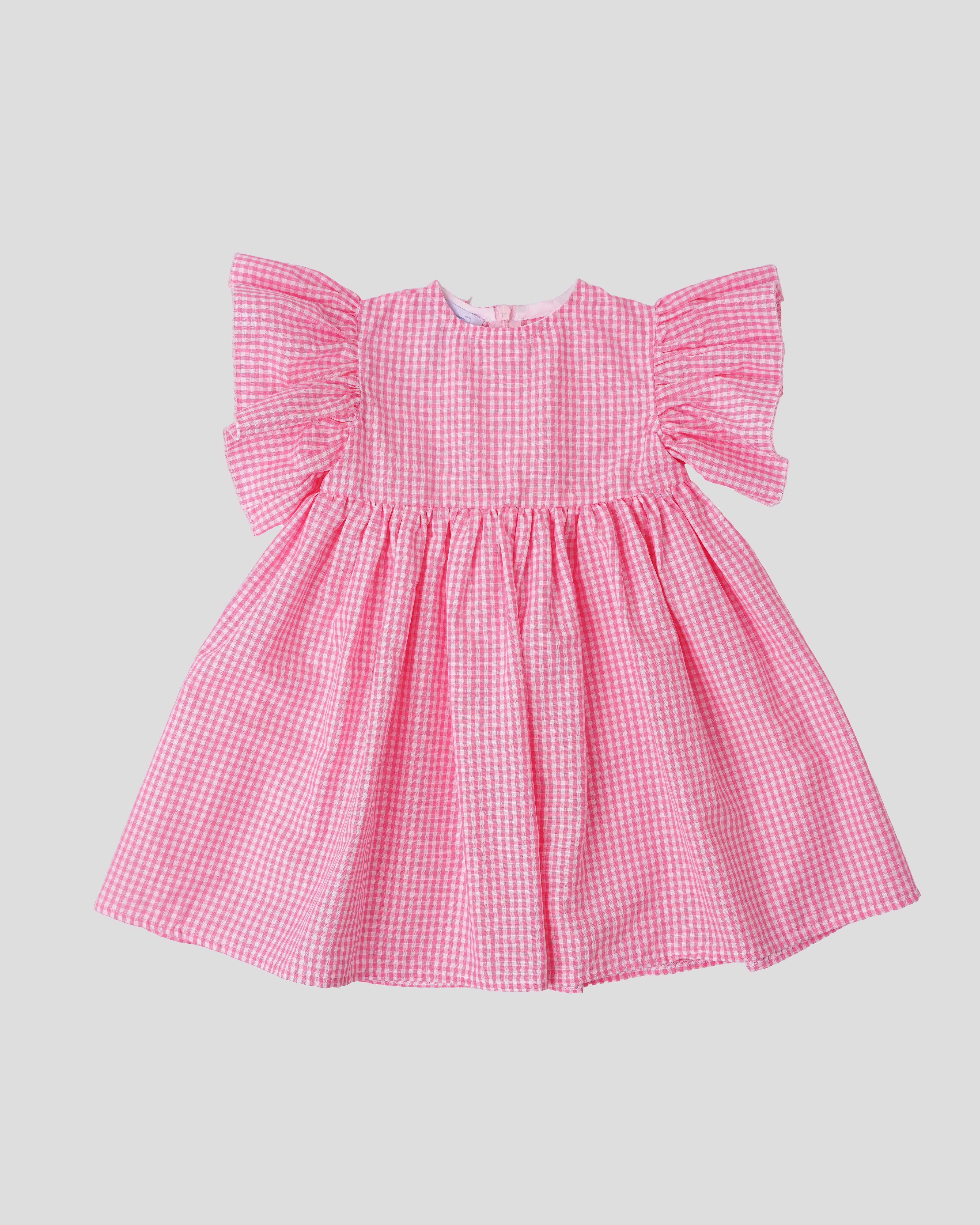 Rochie din bumbac cu maneci crete si carouri roz