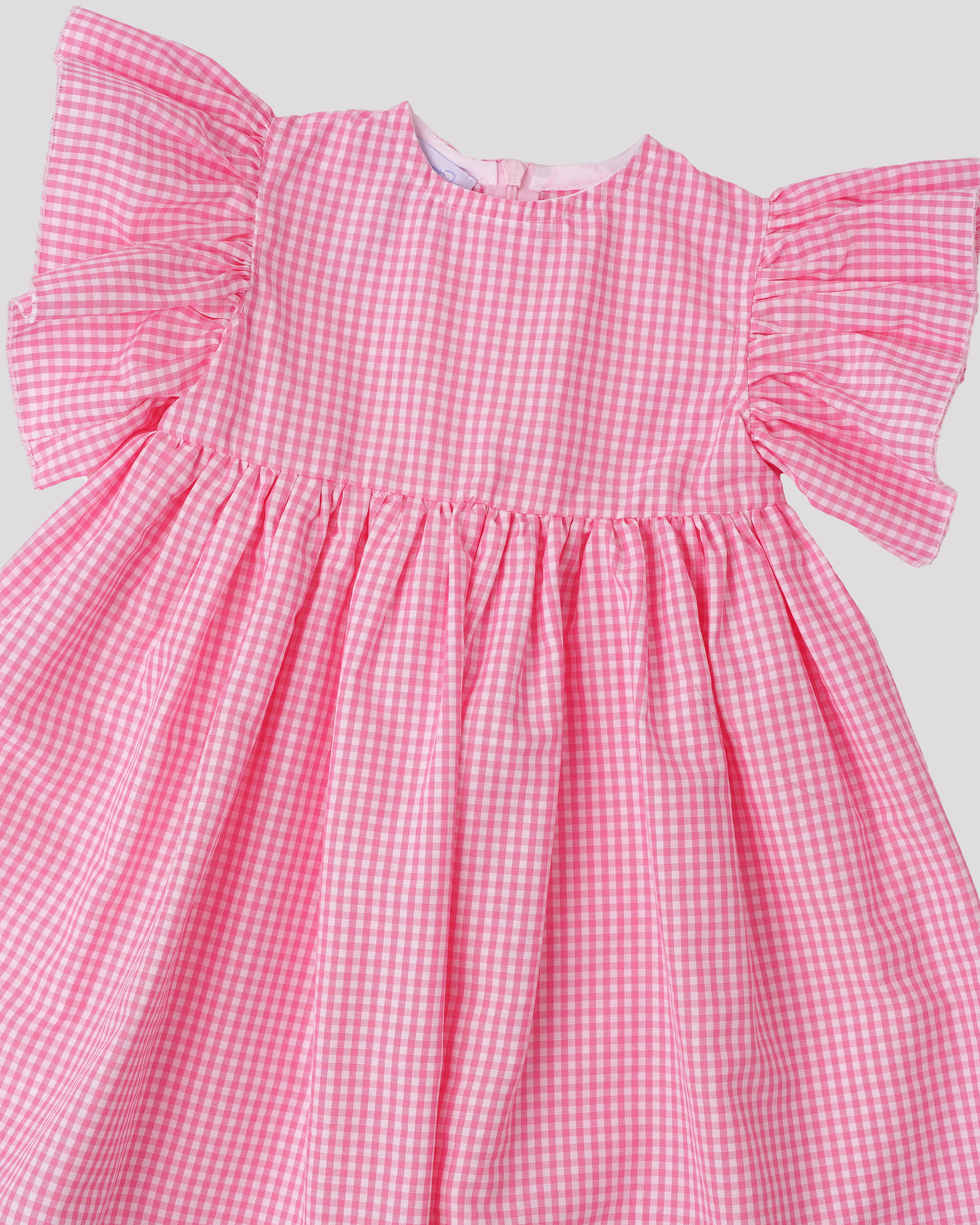 Rochie din bumbac cu maneci crete si carouri roz