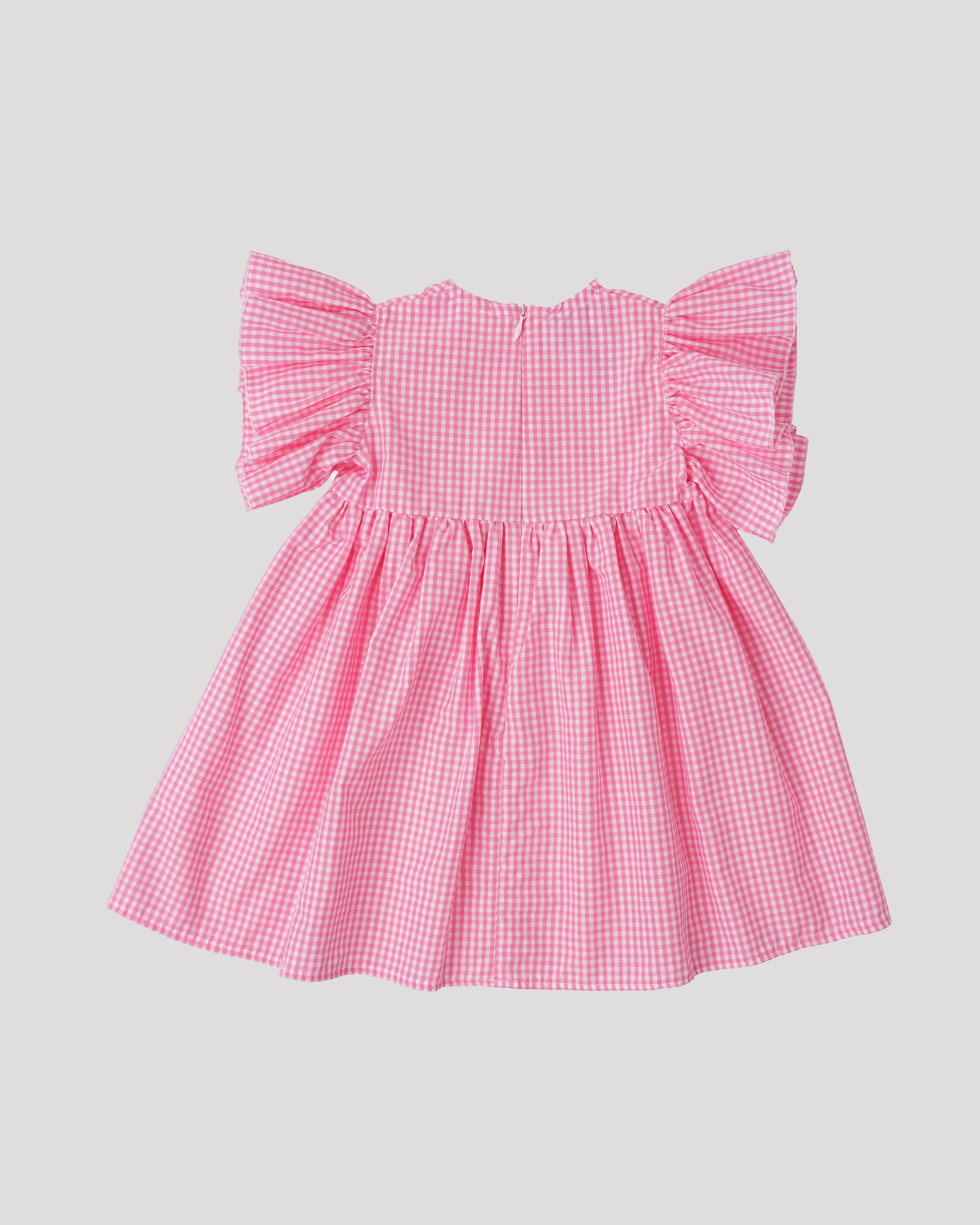 Rochie din bumbac cu maneci crete si carouri roz