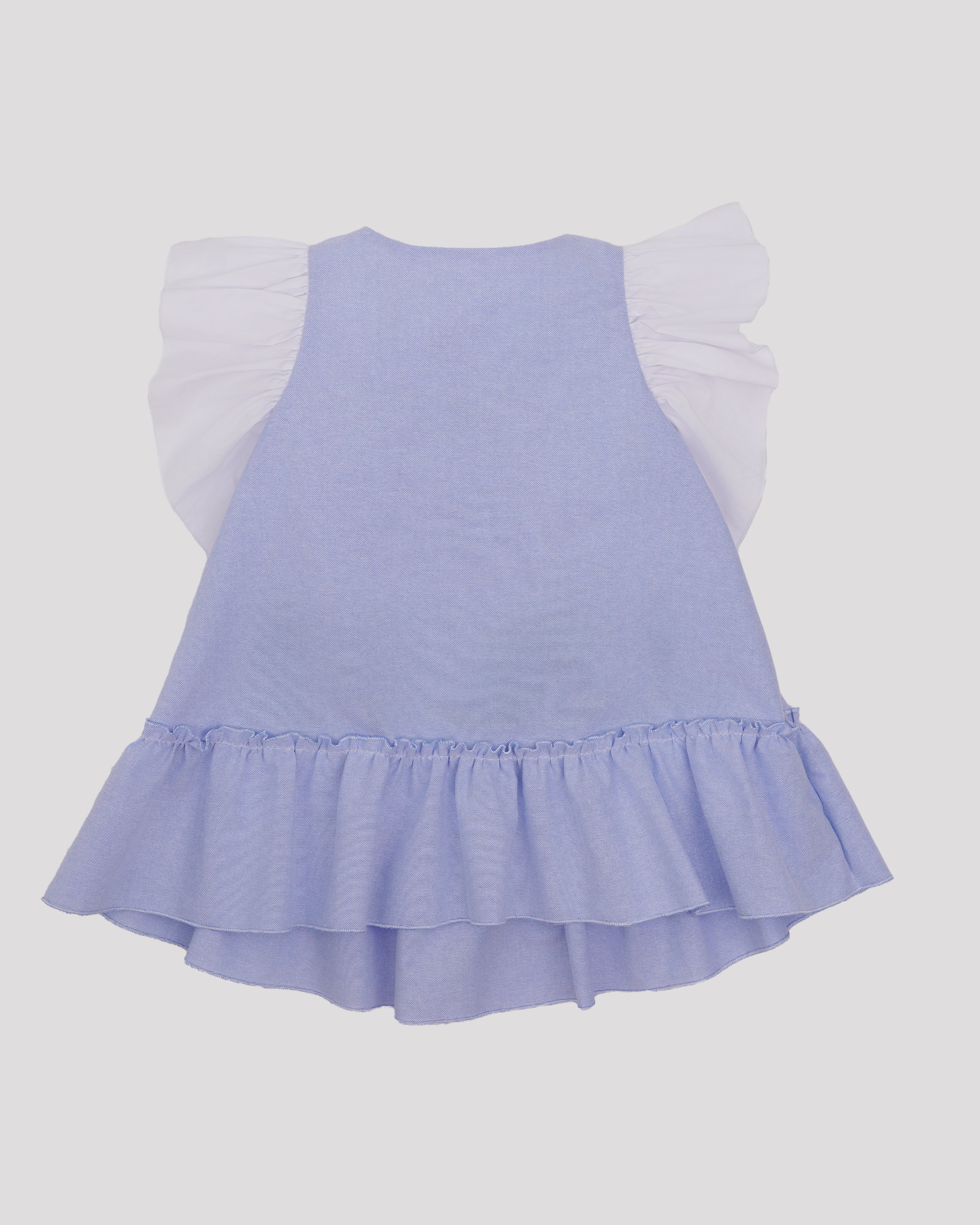 Rochie albastra cu funda roz voluminoasa si volane