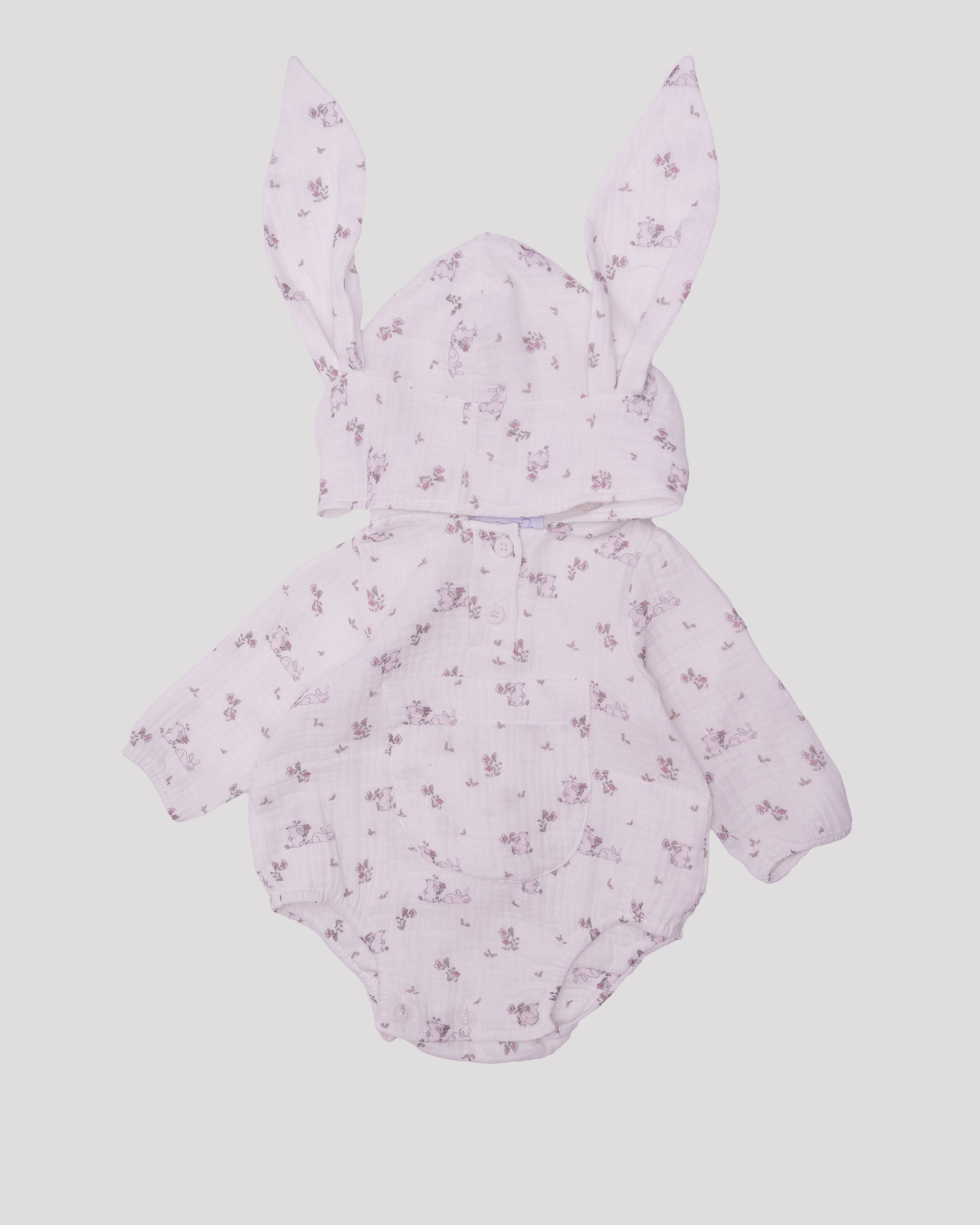 Body din muselina cu urechi de iepuras roz